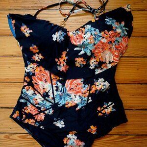 Bondeye Floral on Black Ruffle on Bust High Cut Leg Removable Neck  Strap Sz 6